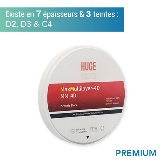 Disque zircone premium MM 4D - Teintes D2, D3 & D4 - 7 épaisseurs - HUGE - uofti.com
