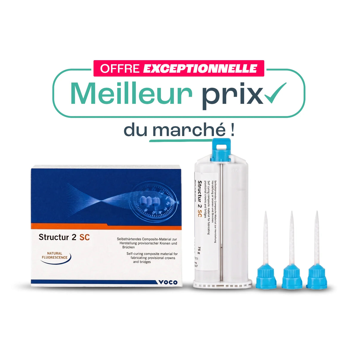 VOCO Structur 2 SC prix promo. Fabrication de couronnes, bridges, inlays, onlays et provisoires très esthétiques - 1 cartouche 75g et 10 embouts mélangeurs. Disponible en plusieurs teintes - Meilleur prix du marché - uofti.com