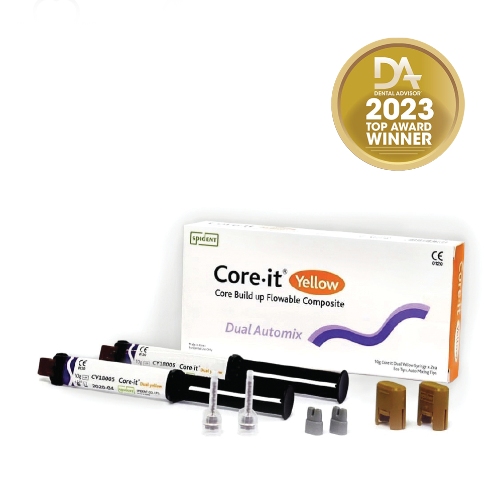 Core.it Dual Yellow 2 x seringue de 10 g (jaune), embouts éco-mélangeurs, embouts de mélange Core.it Dual est un matériau composite à double polymérisation destiné à la fabrication de faux moignons et aux post-scellements. Il dispose d'excellentes propriétés physiques et peut être facilement appliqué sur la dent. Sa maniabilité est supérieure à celle d'autres produits.