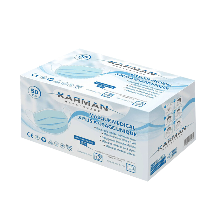 Masques chirurgicaux 3 plis type IIR - Boite de 50, différents coloris - Karman Healthcare - uofti.com