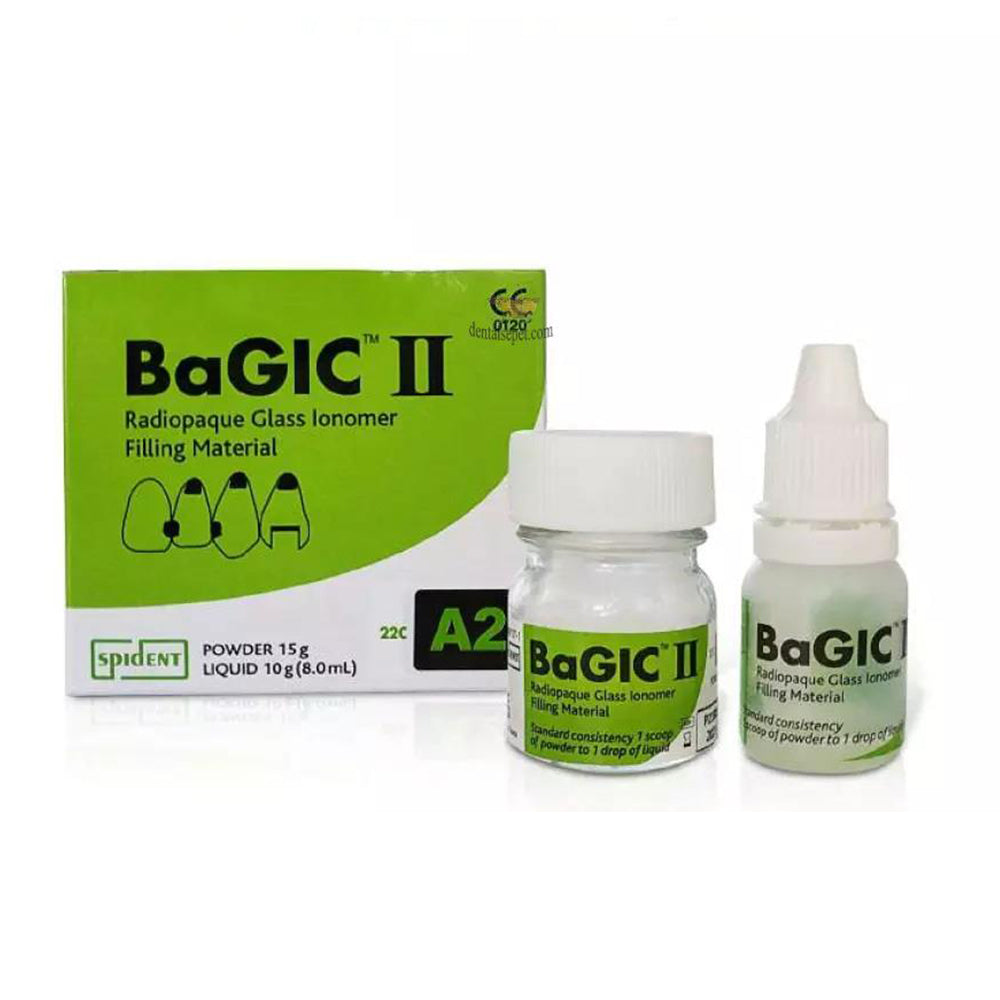BaGIC Ⅱ est un ciment verre ionomère autopolymérisable. Il a des caractéristiques de propriétés radio-opaques et d'émission de fluor. Et il montre une résistance élevée à l'abrasion et une durabilité avec une résistance élevée. Il a une excellente biocompatibilité, une force de liaison contre les dents (émail, dentine) et une excellente étanchéité au niveau de la partie marginale. 15 g de poudre et 10 g (8 ml) de liquide, cuillère à mesurer en poudre, bloc de mélang