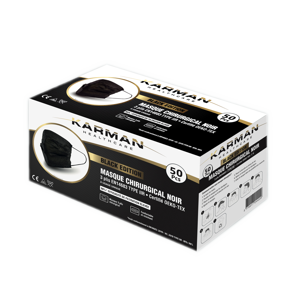 Masques chirurgicaux 3 plis type IIR - Boite de 50, différents coloris - Karman Healthcare - uofti.com