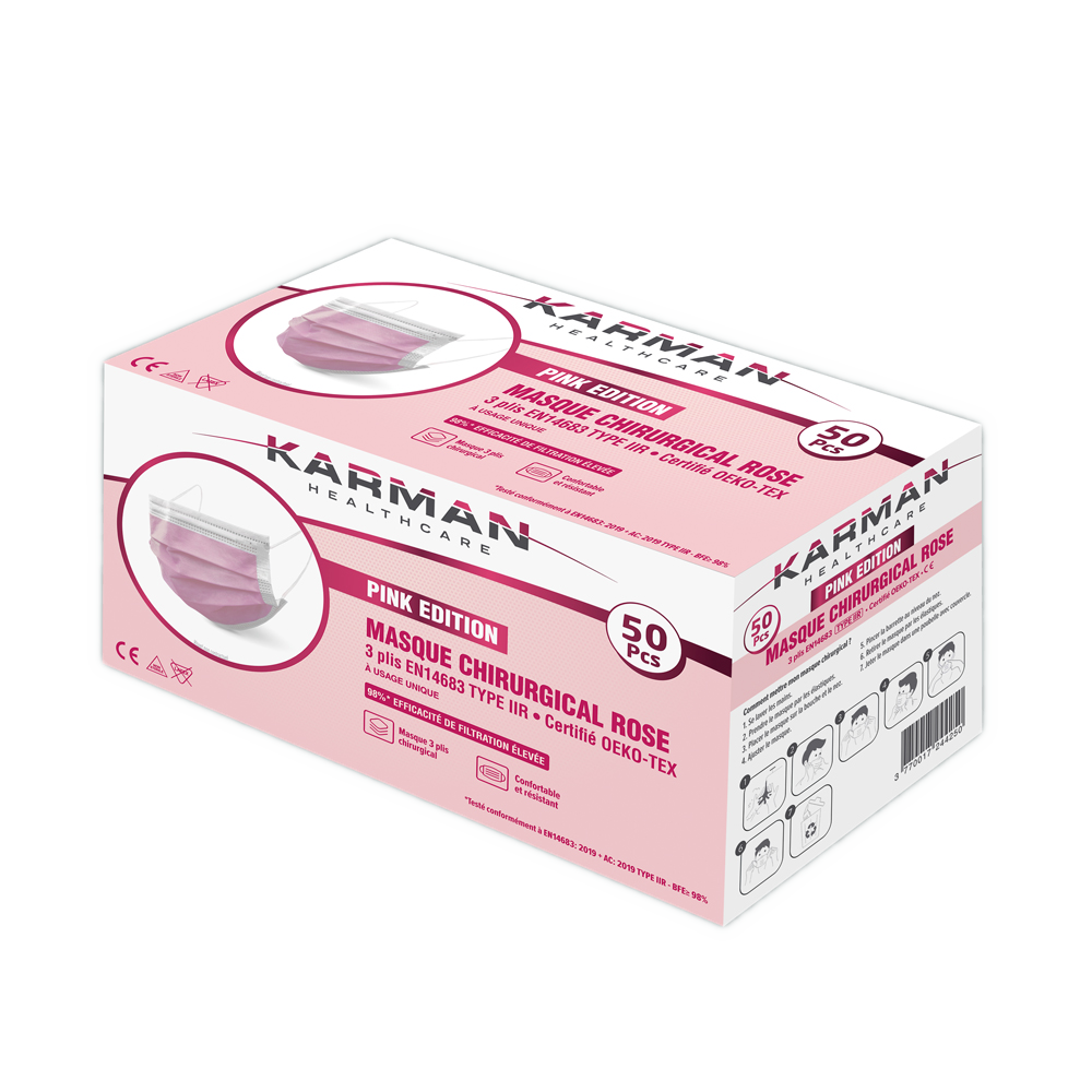 Masques chirurgicaux 3 plis type IIR - Boite de 50, différents coloris - Karman Healthcare - uofti.com