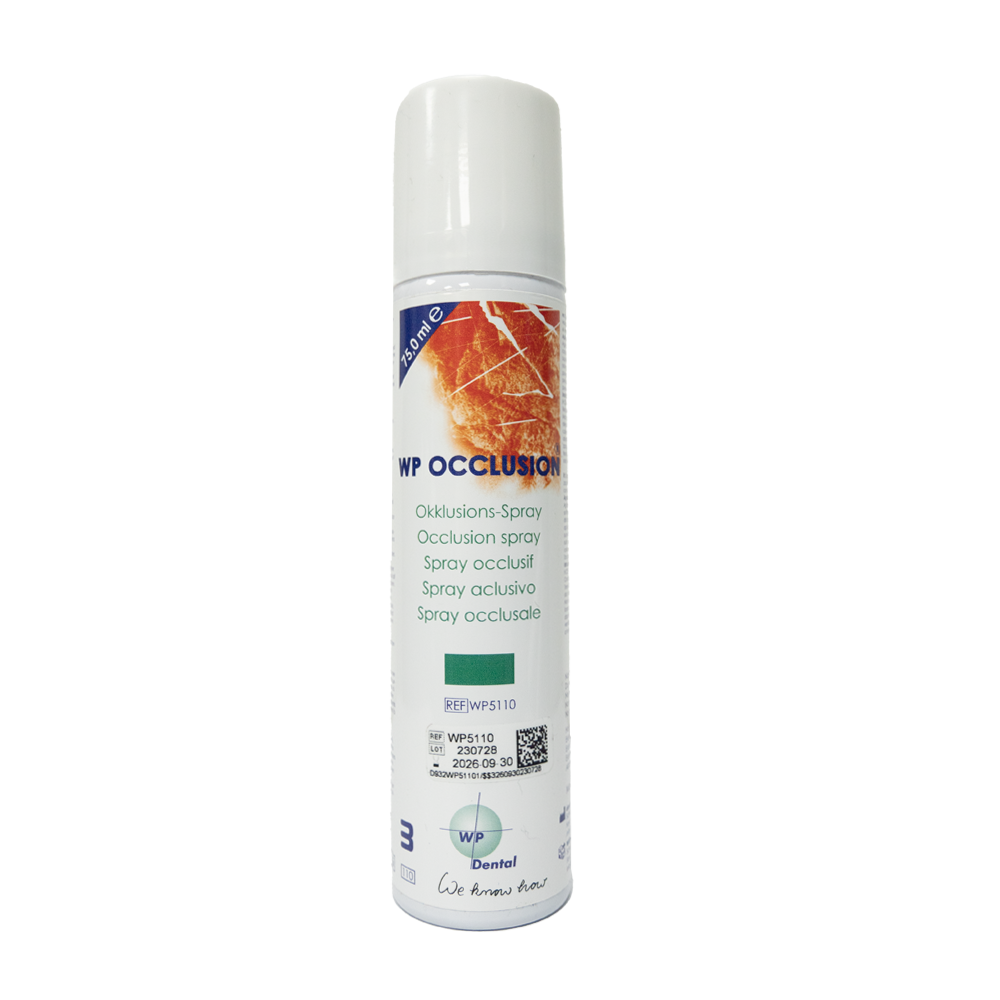 WP Occlusion est une vaporisation fine au parfum de menthe poivrée utilisée pour rendre les points de contact dans les travaux prothétiques visibles. Ce produit est uniquement recommandé pour une utilisation en laboratoire dentaire.