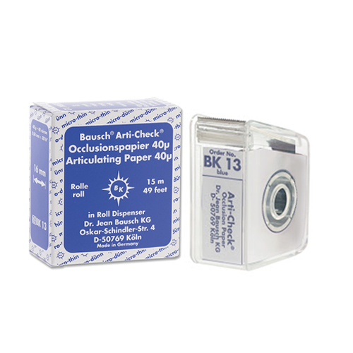 Papier d'occlusion Arti-Check micromince 40µ de BAUSCH. Colorant sur les 2 faces. Des microcapsules éclatent à la pression. Marquage très précis et sélectif. Sans aucune bavure. Couleurs disponibles : bleu, rouge, pour différencier les points de contact centrés et excentrés. Présentation en rouleau de 15 m en distributeur, largeur 16 mm.