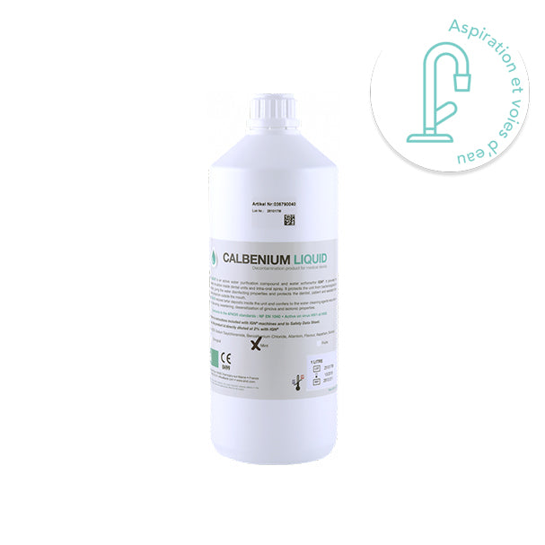 Calbenium liquide 1L : solution désinfectante pour circuits d’eau dentaires. Élimine germes et tartre. Compatible IGN 500. Effet nettoyant, aromatisé et désensibilisant - uofti.com