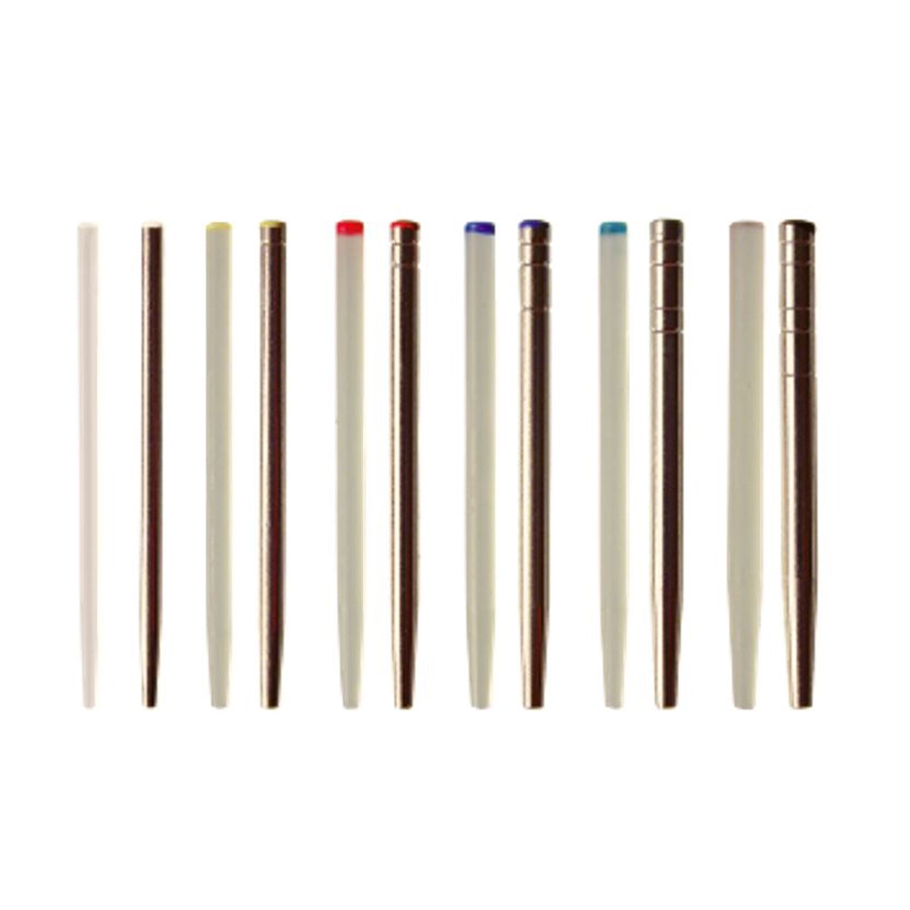 Système de clavettes Calcinables cylindro-coniques. Longueur : 22 mm Dispositif médical de classe l. La boîte de 20 clavettes Calcinables T=0 Blanc diamètre 1,15 mm T=1 Jaune diamètre 1,25 mm T=2 Rouge diamètre 1,35 mm T=3 Bleu diamètre 1,45 mm T=4 Vert diamètre 1,55 mm T=5 Noir diamètre 1,65 mm