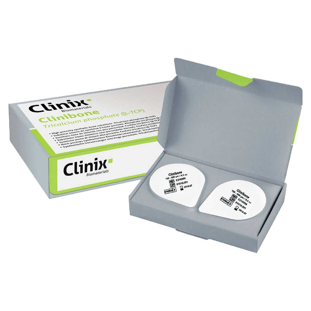 Clinibone est un substitut osseux de synthèse ultraporeux (environ 85 % de porosité) conçu pour le comblement de défauts osseux en chirurgie dentaire et maxillofaciale.