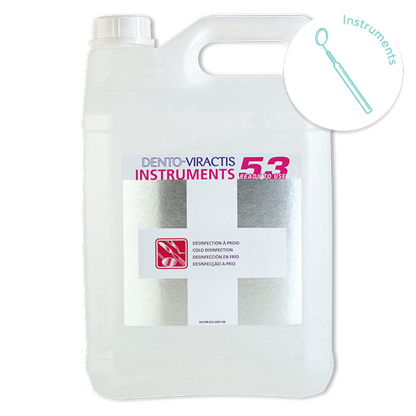 Liquide de désinfection à froid par simple immersion des instruments et des dispositifs médicaux thermosensibles. A utiliser directement après nettoyage prédésinfectant et déprotéinisant avec Dento-Viractis 55 ou 59. - Bidon de 5 litres de solution prête à l'emploi.