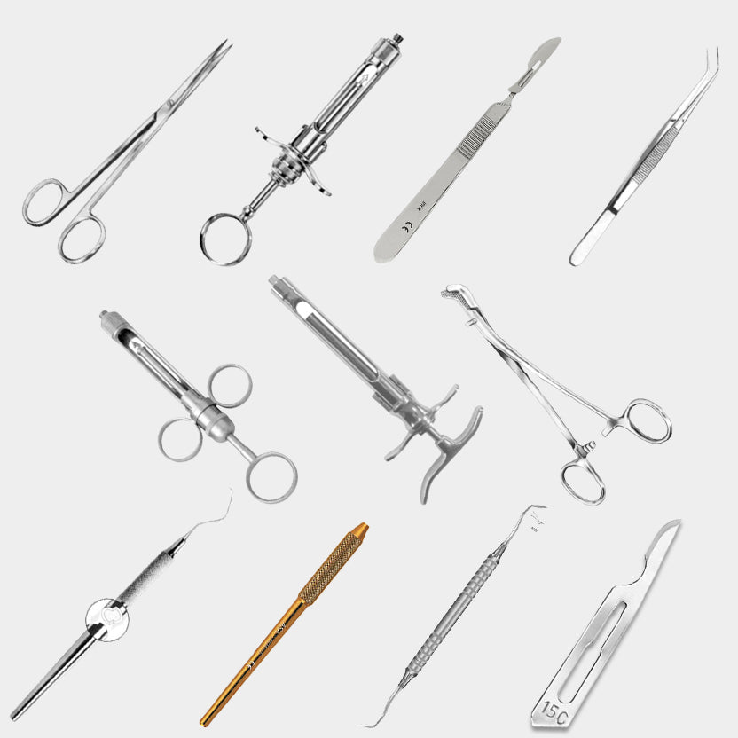 Les basiques du cabinet dentaire: scalpels, bistouris, ciseaux, porte-aiguilles, précelles, seringues, sondes d'exploration.