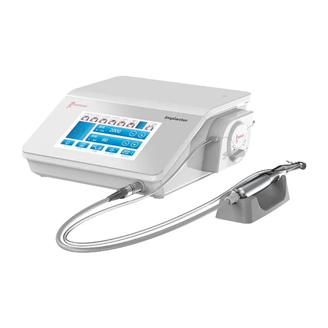 Implant-X Led PLUS : moteur suisse puissant, écran tactile, contre-angle LED, pédale mains libres, pompe silencieuse. Précision et confort au bloc - uofti.com