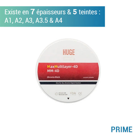Disque zircone prime MM 4D - Teintes A1, A2, A3, A3.5 & A4 - 7 épaisseurs - HUGE - uofti.com