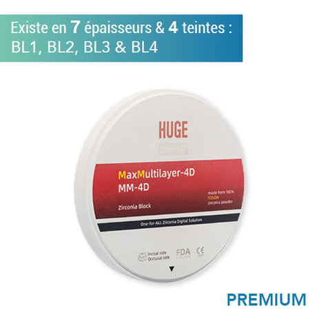 Disque zircone premium MM 4D - Teintes BL1, BL2, BL3 & BL4 - 7 épaisseurs - HUGE - uofti.com