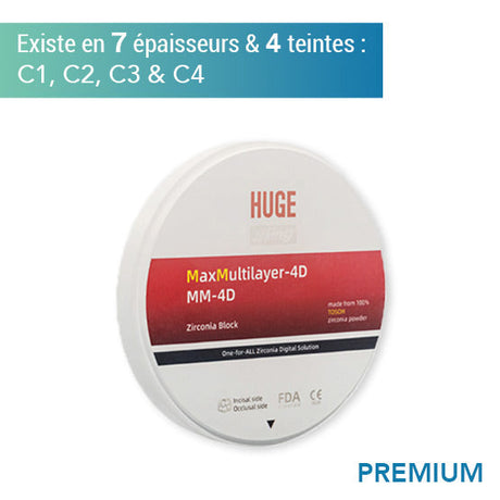 Disque zircone premium MM 4D - Teintes C1, C2, C3 & C4 - 7 épaisseurs - HUGE - uofti.com