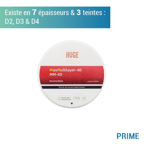Disque zircone prime MM 4D - Teintes D2, D3 & D4 - 7 épaisseurs - HUGE - uofti.com