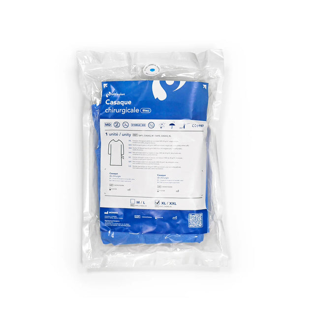 Casaque chirurgicale Stérile - Safe Implant – SMMMS Non-tissé. Grammage : 43 g/m². Tailles disponibles : M, L, XL, XXL - uofti.com