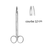 Ciseaux chirurgicaux Quinby courbes non dentés. Ils sont utilisés pour couper les tissus ou les sutures. Acier de haute qualité. Mesure : 12 cm