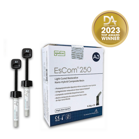 EsCom250 est une résine composite nano-hybride restauratrice photopolymérisable pour les restaurations postérieures et antérieures. Elle dispose d'un temps de travail de 90 secondes, ce qui laisse suffisamment de temps au dentiste pour la travailler. EsCom250 présente une résistance à la compression élevée et une excellente durabilité.   Capsule unidose de 0,25g x 20  Disponible en teinte : A1 A2 A3 A3.5 A4