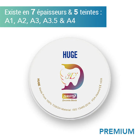 Disque zircone premium 3D - Teintes A1, A2, A3, A3.5 & B4 - 7 épaisseurs - HUGE - uofti.com