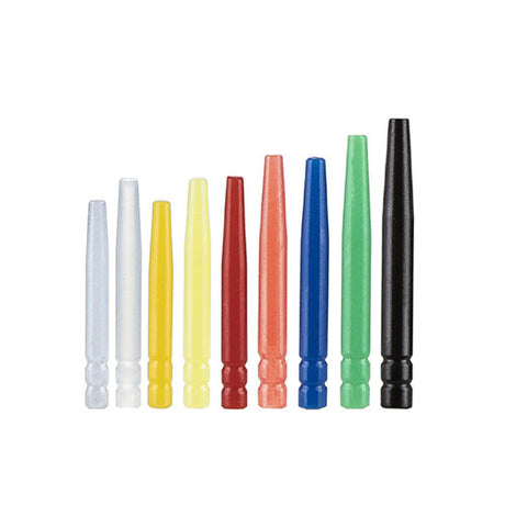 Conditionnés par boîte de 100, les pivots calcinables se déclinent en 9 dimensions différentes :  Diamètre 1,17 mm - Longueur 9,39 mm - blanc Diamètre 1,17 mm - Longueur 11,49 mm - blanc  Diamètre 1,27 mm - Longueur 9,39 mm - Jaune Diamètre 1,27 mm - Longueur 11,49 mm - Jaune  Diamètre 1,37 mm - Longueur 9,39 mm - Rouge Diamètre 1,37 mm - Longueur 11,49 mm - Rouge  Diamètre 1,47 mm - Longueur 13,49 mm - bleu  Diamètre 1,57 mm - Longueur 15,40 mm - vert  Diamètre 1,67 mm - Longueur 17,40 mm - noir