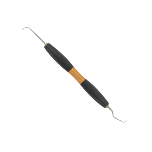 Détartreurs double curette/détartreur N128-L5 de Bliss by ACTEON. Instruments manuels doubles avec une curette universelle Langer 5 d'un côté et de l'autre un détartreur faucille fin Nebraska 128, avec une longue hampe terminale et une mini-lame, particulièrement adaptées pour un accès étroit.
