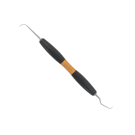 Détartreurs double curette/détartreur N128-L5 de Bliss by ACTEON. Instruments manuels doubles avec une curette universelle Langer 5 d'un côté et de l'autre un détartreur faucille fin Nebraska 128, avec une longue hampe terminale et une mini-lame, particulièrement adaptées pour un accès étroit.