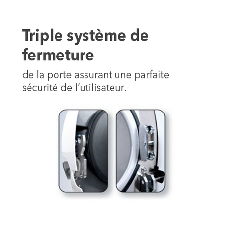 A5 HYGENE SD est un autoclave de dernière génération très silencieux (< 70db) conçu pour stériliser les charges de type B.  A5 HYGENE SD s’appuie sur des composants allemands de très grande fiabilité, des électrovannes parker, et une pompe à vide Thomas. Les caractéristiques techniques principales sont : Porte triple sécurité. Plus de 5.000 kg de pression sur la porte de l’autoclave pendant la durée du cycle de stérilisation.
