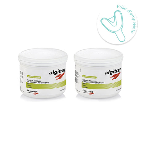 Détergent spécifique pour alginates à pH neutre. Nettoyage et élimination de résidus d'alginate de tous les types de porte-empreintes. Poudre concentrée soluble à diluer pour obtenir 10 litres de solution. Couleur jaune.  2 pots de 500 g. 