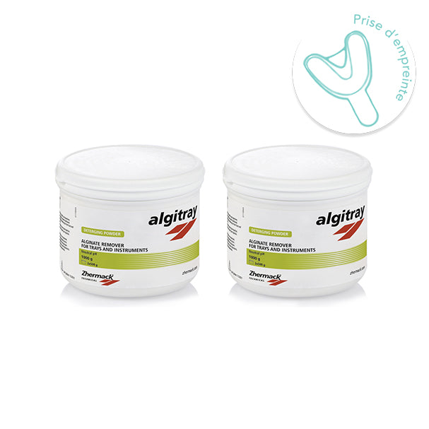 Détergent spécifique pour alginates à pH neutre. Nettoyage et élimination de résidus d'alginate de tous les types de porte-empreintes. Poudre concentrée soluble à diluer pour obtenir 10 litres de solution. Couleur jaune.  2 pots de 500 g. 