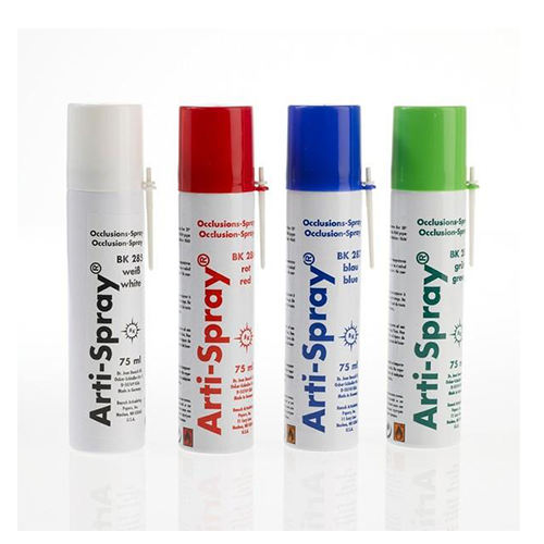 Arti-Spray de Bausch est un indicateur coloré en évidence des frictions et contacts occlusaux.  Vaporiser à 3 ou 5 cm pour créer une couche fine (blanc, rouge, bleu ou vert). Elimination à l'eau.  Spray de 75 ml.  Disponible en 4 types :  BK 285 Blanc BK 286 Rouge BK 287 Bleu BK 288 Vert