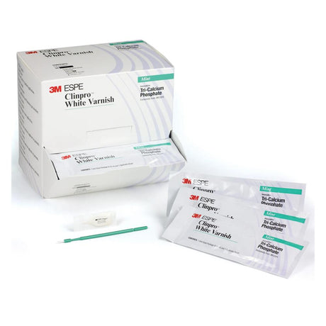 Vernis incolore à forte teneur d'ions fluorures pour le traitement de l'hypersensibilité dentaire, adapté à une utilisation sur la dentine et l'émail. Goût menthe.  DM Classe IIA. Organisme notifié : 0123 Fabricant : 3M Deutschland GmbH, Allemagne.  La boîte de 50 x 0,5 ml. uofti.com