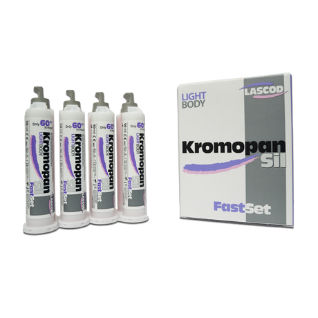 Le KromopanSil Body est un silicone par addition de nouvelle génération, formulé à base de polyvinylsiloxane. Disponible en quatre viscosités distinctes – Superlight, Light, Regular, et Heavy – ce produit révolutionnaire est conçu pour répondre aux exigences variées de la prise d'empreinte dentaire. Grâce à ses caractéristiques spécifiques, le KromopanSil Body assure une précision exceptionnelle (5 µm) même dans des environnements humides.