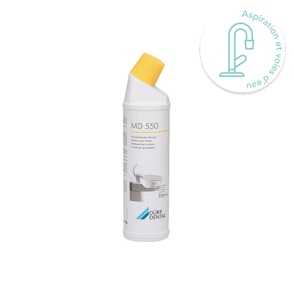 MD 550 Dürr Dental – Nettoyant intensif prêt à l’emploi pour crachoirs dentaires. Formule non moussante, élimine dépôts et salissures sans rinçage. Flacon 750 ml - uofti.com