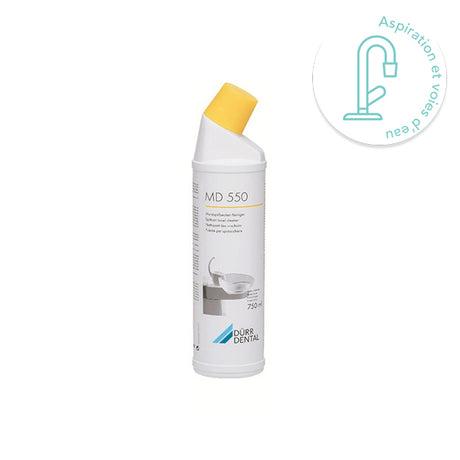 MD 550 Dürr Dental – Nettoyant intensif prêt à l’emploi pour crachoirs dentaires. Formule non moussante, élimine dépôts et salissures sans rinçage. Flacon 750 ml - uofti.com