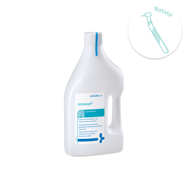 Rotasept – Solution prête à l’emploi pour désinfection rapide des fraises rotatives. Sans aldéhyde, sans rinçage, biodégradable. Flacon 2 L ou bidon 5 L - uofti.com