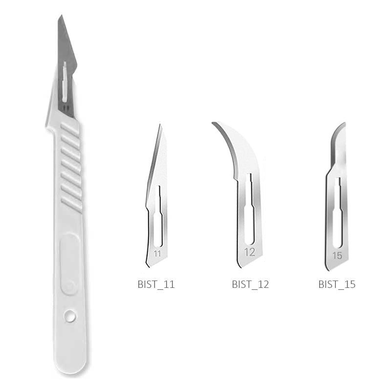 Scalpel jetable avec manche en plastique vendu par boîte de 10 sachets.  Lames chirurgicales stériles en acier au carbone.  Existe avec 3 lames différentes:  LBIST_11 LBIST_12 LBIST_15