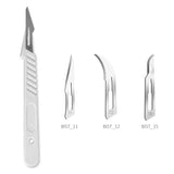 Scalpel jetable avec manche en plastique vendu par boîte de 10 sachets.  Lames chirurgicales stériles en acier au carbone.  Existe avec 3 lames différentes:  LBIST_11 LBIST_12 LBIST_15