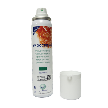 WP Occlusion est une vaporisation fine au parfum de menthe poivrée utilisée pour rendre les points de contact dans les travaux prothétiques visibles. Ce produit est uniquement recommandé pour une utilisation en laboratoire dentaire.
