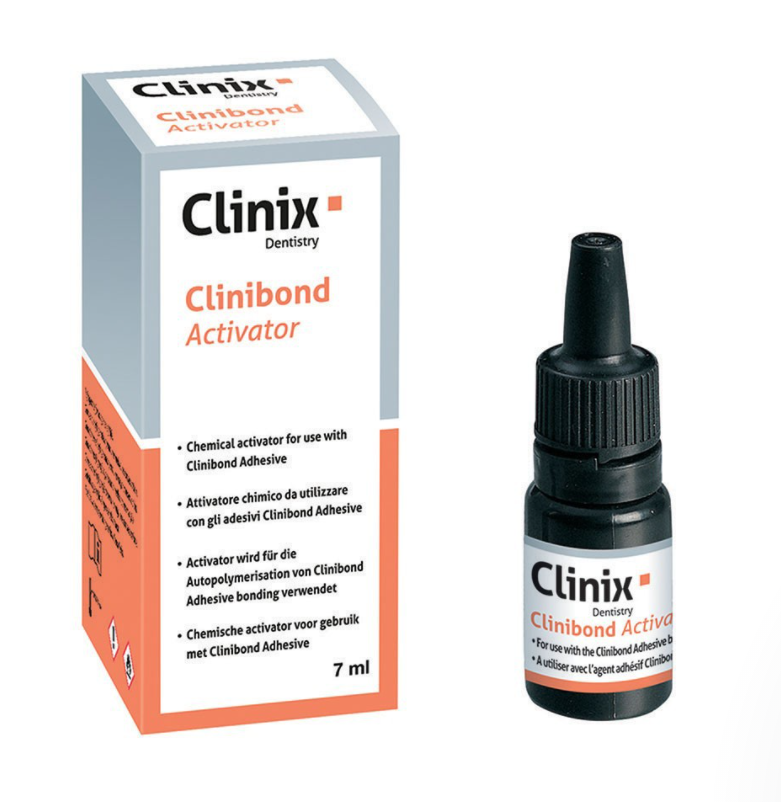 A utiliser pour le scellement adhésif des couronnes, bridges, inlays-onlays, tenons radiculaires dans les zones où la lampe à polymériser ne peut pas accéder.  Indications:  Clinibond Activator est l'activateur auto à utiliser avec l'agent adhésif Clinibond. Le mélange des 2 composants permet d'obtenir un agent de liaison autopolymérisable.  Dispositif médicale de classe lla. Marquage CE0120. Fabricant : CFPM.  Le flacon de 7ml