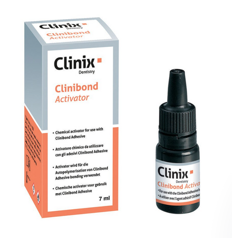 A utiliser pour le scellement adhésif des couronnes, bridges, inlays-onlays, tenons radiculaires dans les zones où la lampe à polymériser ne peut pas accéder.  Indications:  Clinibond Activator est l'activateur auto à utiliser avec l'agent adhésif Clinibond. Le mélange des 2 composants permet d'obtenir un agent de liaison autopolymérisable.  Dispositif médicale de classe lla. Marquage CE0120. Fabricant : CFPM.  Le flacon de 7ml