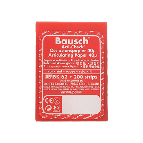 Papier d'occlusion Arti-Check micromince 40µ de BAUSCH.  Colorant sur les 2 faces. Des microcapsules éclatent à la pression. Marquage très précis et sélectif. Sans aucune bavure.  Couleurs disponibles : bleu, rouge, pour différencier les points de contact centrés et excentrés.  Présentation en boîte de 200 bandes prédécoupées.