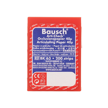 Papier d'occlusion Arti-Check micromince 40µ de BAUSCH.  Colorant sur les 2 faces. Des microcapsules éclatent à la pression. Marquage très précis et sélectif. Sans aucune bavure.  Couleurs disponibles : bleu, rouge, pour différencier les points de contact centrés et excentrés.  Présentation en boîte de 200 bandes prédécoupées.
