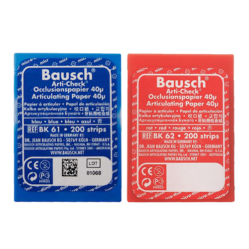 Papier d'occlusion Arti-Check micromince 40µ de BAUSCH.  Colorant sur les 2 faces. Des microcapsules éclatent à la pression. Marquage très précis et sélectif. Sans aucune bavure.  Couleurs disponibles : bleu, rouge, pour différencier les points de contact centrés et excentrés.  Présentation en boîte de 200 bandes prédécoupées.
