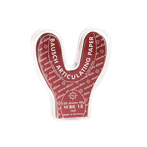 Papier d'occlusion Arti-Check micromince 40µ de BAUSCH.  Colorant sur les 2 faces. Des microcapsules éclatent à la pression. Marquage très précis et sélectif. Sans aucune bavure.  Couleurs disponibles : bleu, rouge, pour différencier les points de contact centrés et excentrés.  Présentation en boîte de 150 feuilles en fer à cheval.