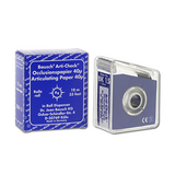 Papier d'occlusion Arti-Check micromince 40µ de BAUSCH.  Colorant sur les 2 faces. Des microcapsules éclatent à la pression. Marquage très précis et sélectif. Sans aucune bavure.  Couleurs disponibles : bleu, rouge, pour différencier les points de contact centrés et excentrés.  Présentation en rouleau de 10 m en distributeur, largeur 22 mm.