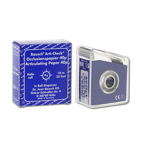 Papier d'occlusion Arti-Check micromince 40µ de BAUSCH.  Colorant sur les 2 faces. Des microcapsules éclatent à la pression. Marquage très précis et sélectif. Sans aucune bavure.  Couleurs disponibles : bleu, rouge, pour différencier les points de contact centrés et excentrés.  Présentation en rouleau de 10 m en distributeur, largeur 22 mm.
