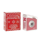 Papier d'occlusion Arti-Check micromince 40µ de BAUSCH.  Colorant sur les 2 faces. Des microcapsules éclatent à la pression. Marquage très précis et sélectif. Sans aucune bavure.  Couleurs disponibles : bleu, rouge, pour différencier les points de contact centrés et excentrés.  Présentation en rouleau de 10 m en distributeur, largeur 22 mm.