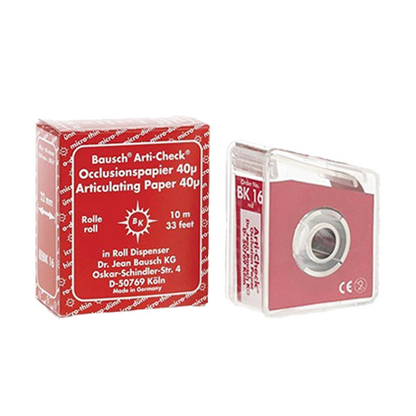Papier d'occlusion Arti-Check micromince 40µ de BAUSCH.  Colorant sur les 2 faces. Des microcapsules éclatent à la pression. Marquage très précis et sélectif. Sans aucune bavure.  Couleurs disponibles : bleu, rouge, pour différencier les points de contact centrés et excentrés.  Présentation en rouleau de 10 m en distributeur, largeur 22 mm.