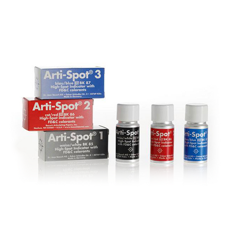 Arti-Spot de Bausch est un indicateur hightspots.  Contrôle des surfaces de frictions à l'insertion en prothèse conjointe ou adjointe. Contrôle occlusal possible. Application au pinceau de 3µdecolorant. Nettoyage à l'eau ou brossage sur modèles.  Flacon de 15ml.  Disponible en 3 type :  BK 85 Blanc pour métaux BK 86 Rouge pour céramique BK 87 Bleu pour frictions