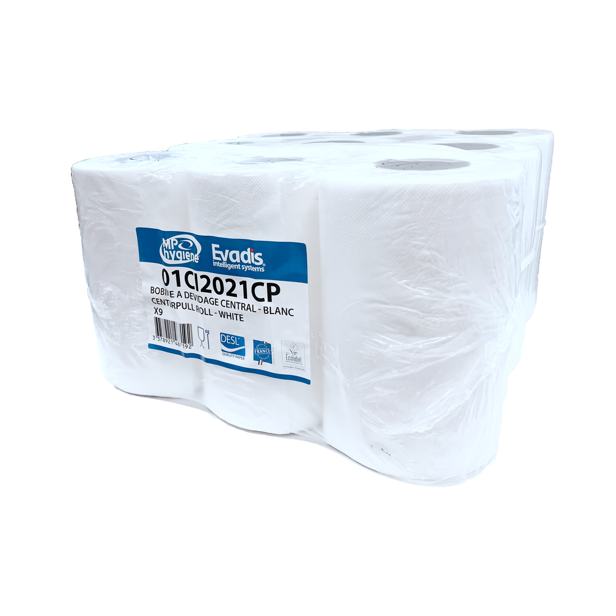Bobine blanche de type Sopalin : 200 feuilles essuie-mains, 2 plis collés.  19,4x25cm, diamètre  Ø 13cm  Par 9 Bobines avec possibilité de DÉVIDAGE CENTRAL